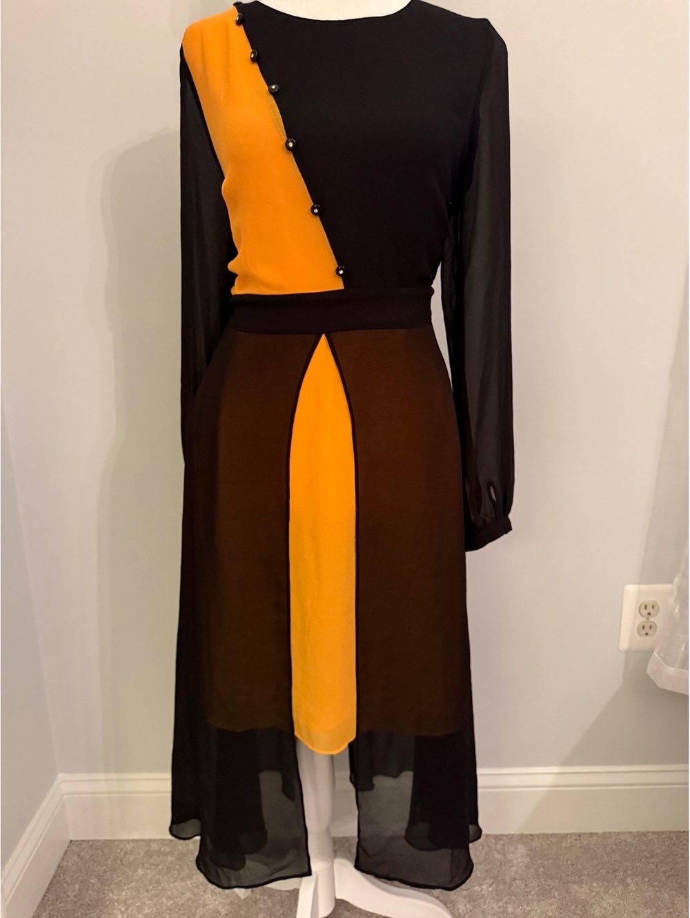 Gyalwana black and orange colorblock chiffon dress new without tags